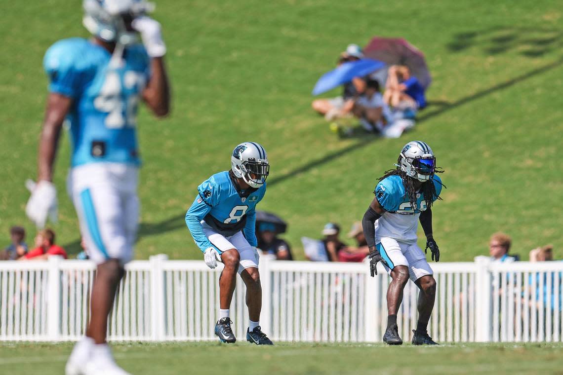 Panthers cornerback Jaycee Horn, center, practiced twice last week as he still recovers from last year’s foot injury.