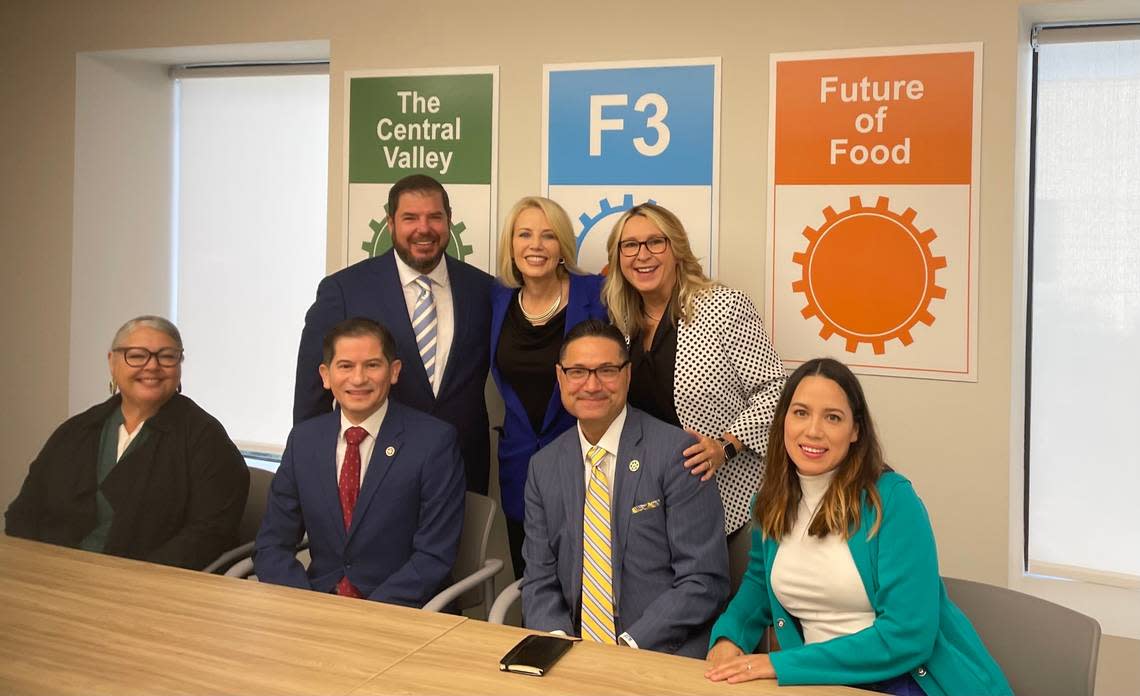 Members of the Fresno-Merced Future of Food Innovation, F3 Initiative, gather to celebrate the news of their $65.1 million grant from the U.S. Dept. of Commerce’s Build Back Better Regional Challenge grant program on Friday, Sept. 2, 2022. Clockwise: Veva Islas (left), founder and director of Cultiva La Salud, Assemblymember Joaquin Arambula (D-Fresno), Ashley Swearengin (top center), former mayor of Fresno and president and chief executive officer of the Central Valley Community Foundation, Carole Goldsmith (top right), chancellor of the State Center Community College District, Karen Aceves (right), director of economic development & regional partnerships for the Central Valley Community Foundation, Juan Sánchez Muñoz (center right), chancellor of UC Merced, and Saúl Jiménez-Sandoval (center left), president of Fresno State.