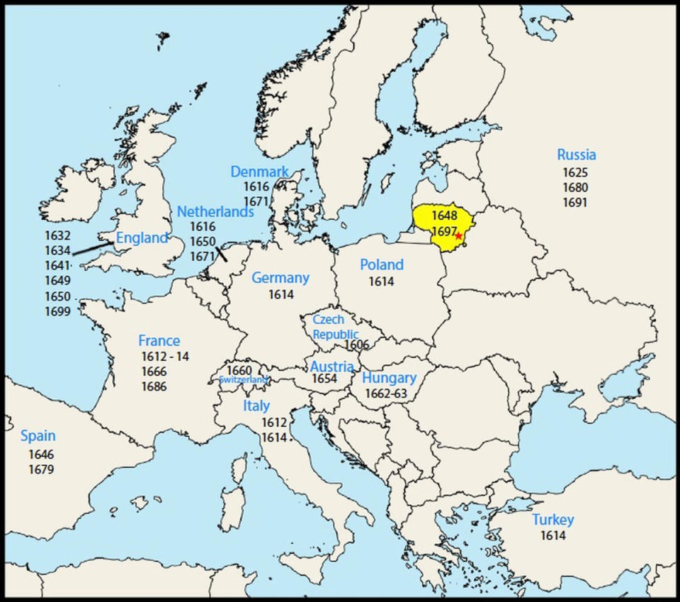 The child mummy, dated to 1654, was found in Vilnius, Lithuania, (red star) in the Dominican Church of the Holy Spirit. The black dates indicate when smallpox outbreaks happened in other countries during the 17th century. <cite>Duggan, A.T. <i>et al.</i> Current Biology (2016)</cite>