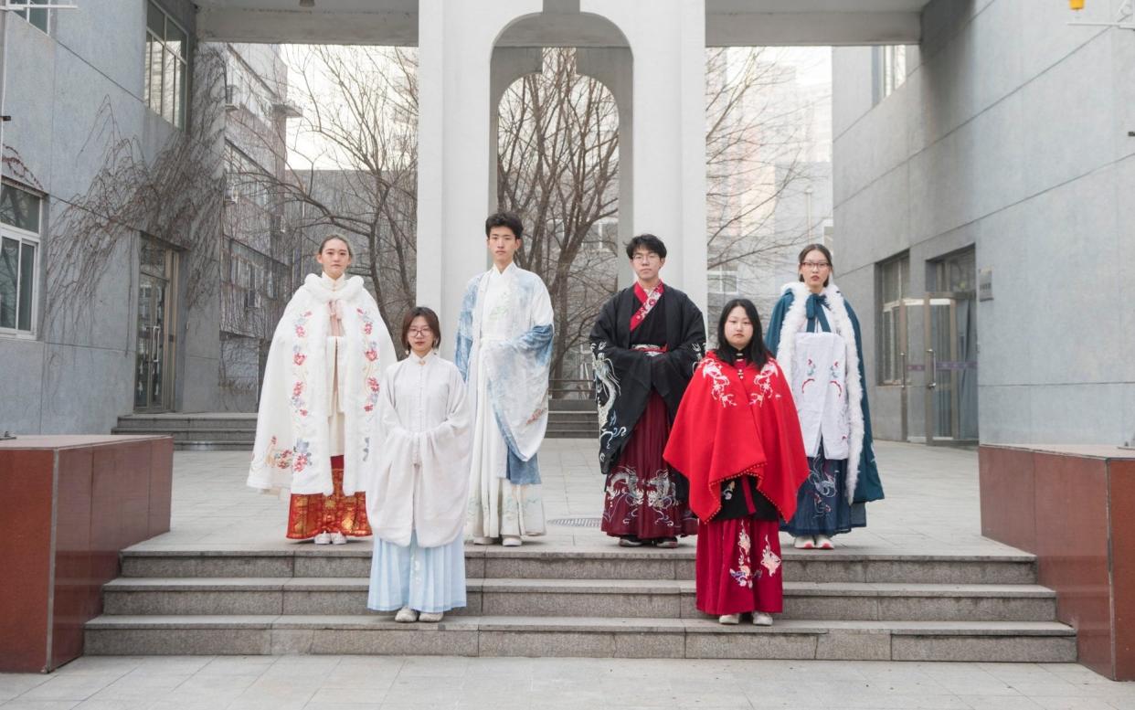 The Hanfu group of students displaying the designs at North China University of Technology - For The Telegraph