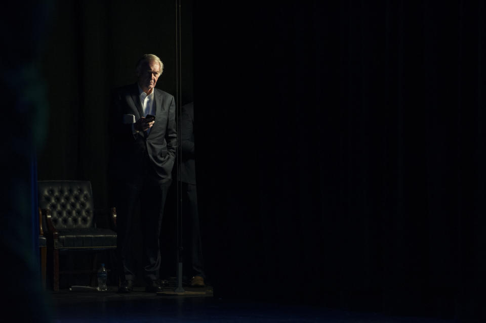 Sen. Ed Markey, D-Mass., waits backstage to address The Road to the Green New Deal Tour final event at Howard University in Washington, Monday, May 13, 2019. (AP Photo/Cliff Owen)
