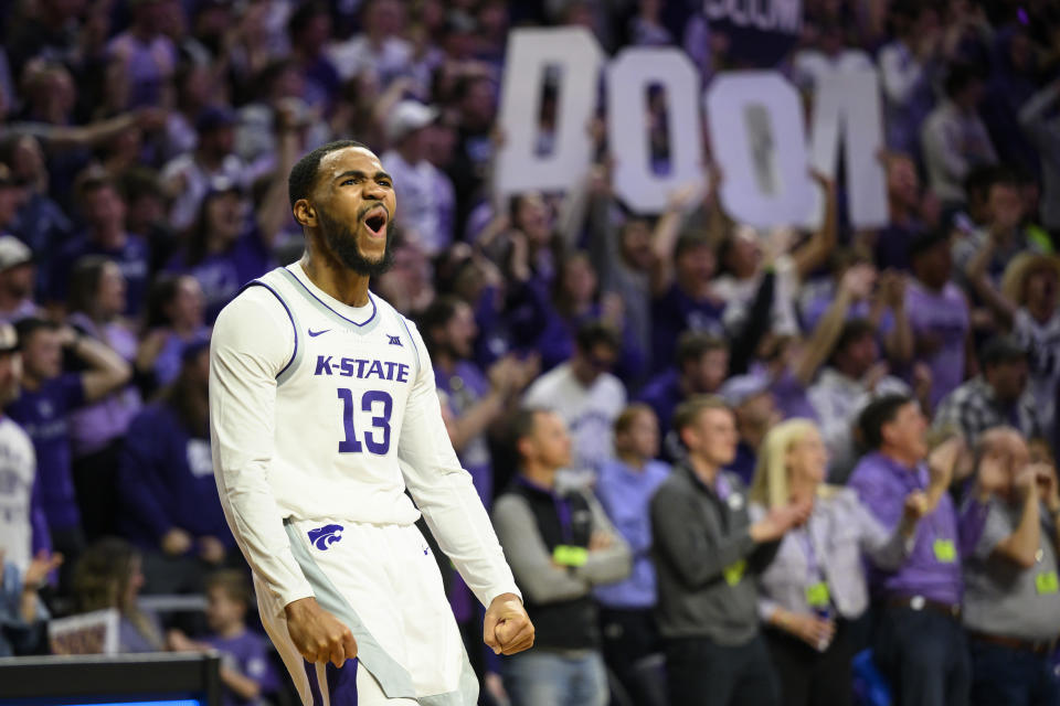 Kansas State guard Desi Sills celebrates a play against Oklahoma near the end of the first half of an NCAA college basketball game in Manhattan, Kan., Wednesday, March 1, 2023. (AP Photo/Reed Hoffmann)