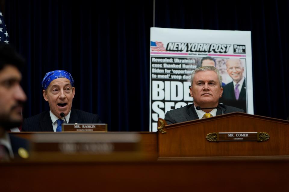 Rep. Jamie Raskin, D-Md., left, and Rep. James Comer, R-Ky., are seen during the House Committee on Oversight and Accountability hearing in February.