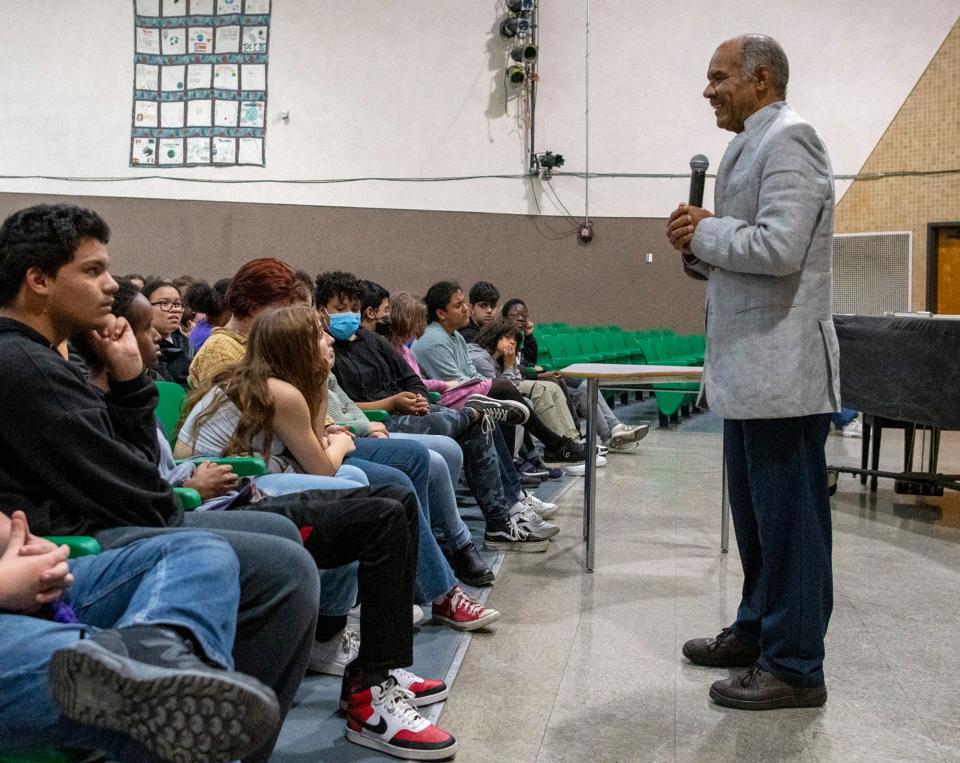 Worcester Poet Laureate Juan Matos speaks to students Wednesday at Burncoat Middle School.