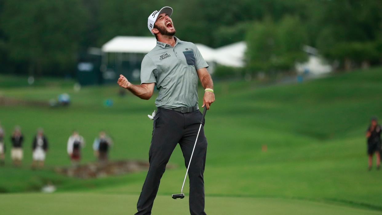 Mandatory Credit: Photo by Jason E Miczek/AP/Shutterstock (10228906ae)Max Homa celebrates after winning the Wells Fargo Championship golf tournament at Quail Hollow Club in Charlotte, N.