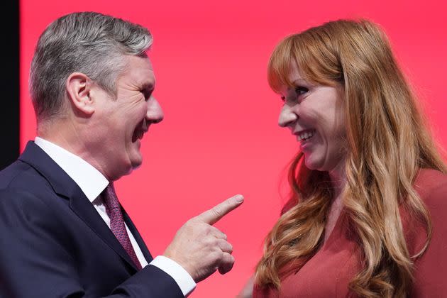 Labour Party leader Keir Starmer congratulates deputy leader Angela Rayner after her speech during the Labour Party conference. (Photo: Stefan Rousseau via PA Wire/PA Images)