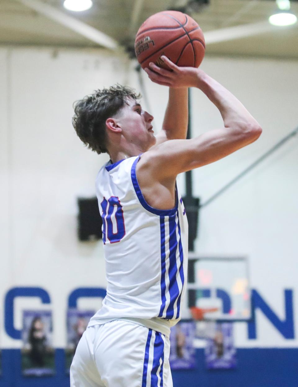 Oldham County's Max Green hit six three point shots in the third quarter against North Oldham during the rivalry game at Oldham County High School Thursday night. Green had 30 points. Feb 1, 2024