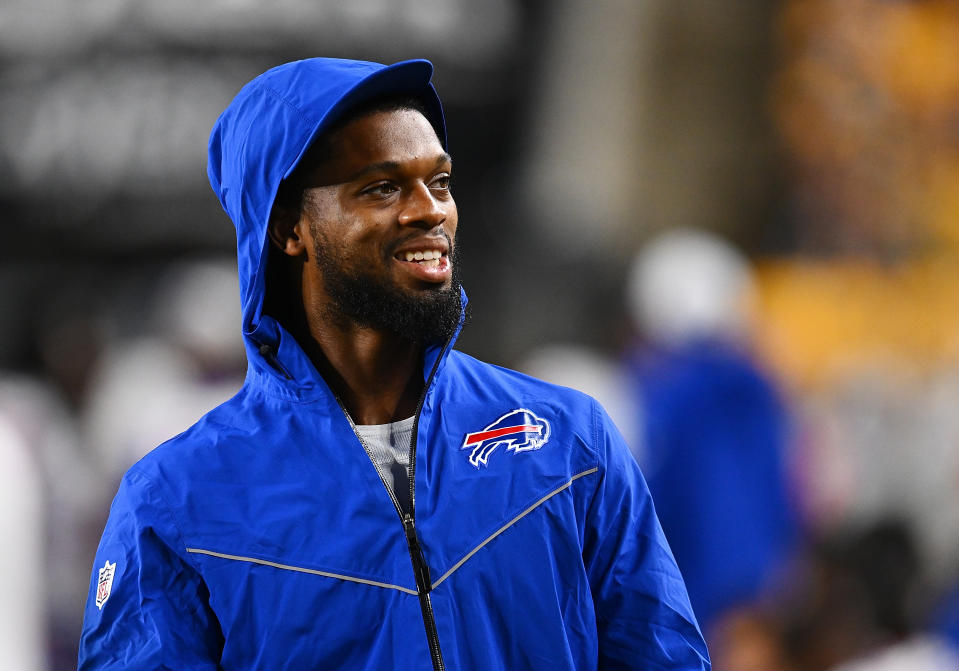 PITTSBURGH, PENNSYLVANIA - AUGUST 17:  Damar Hamlin #3 of the Buffalo Bills looks on during the preseason game against the Pittsburgh Steelers at Acrisure Stadium on August 17, 2024 in Pittsburgh, Pennsylvania. (Photo by Joe Sargent/Getty Images)