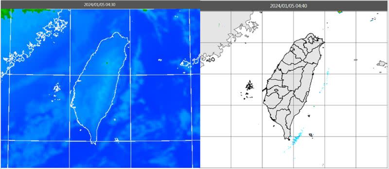 今(5日)晨4：30紅外線色調強化雲圖顯示，各地晴朗無雲(左圖)。4：40雷達回波合成圖顯示，陸地上無降水回波(右圖)。