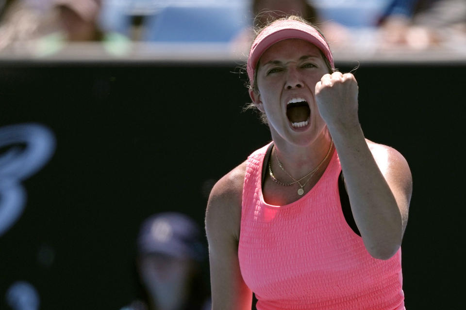 Danielle Collins of the U.S. reacts during her first round match against Angelique Kerber of Germany at the Australian Open tennis championships at Melbourne Park, Melbourne, Australia, Tuesday, Jan. 16, 2024. (AP Photo/Alessandra Tarantino)