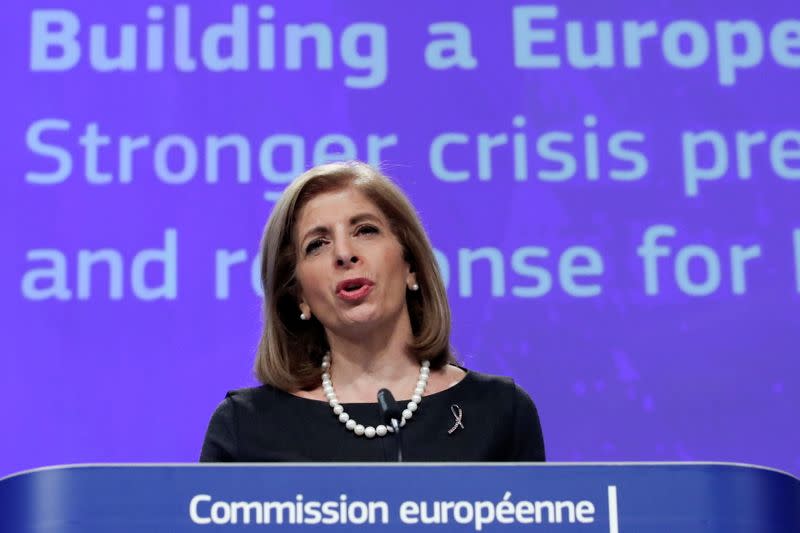 European Health Commissioner Stella Kyriakides holds a news conference at EU Commission headquarters in Brussels