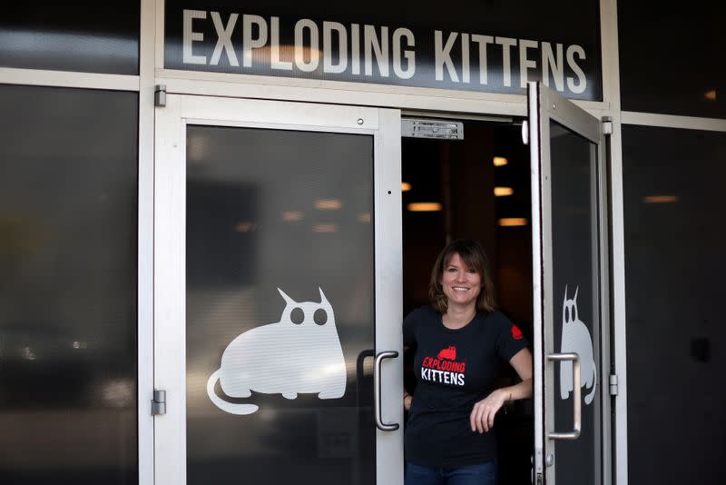 FILE PHOTO: Carly McGinnis, Chief Operating Officer at Exploding Kittens, a Los Angeles-based board game company, poses for a photo at the company's office in Los Angeles