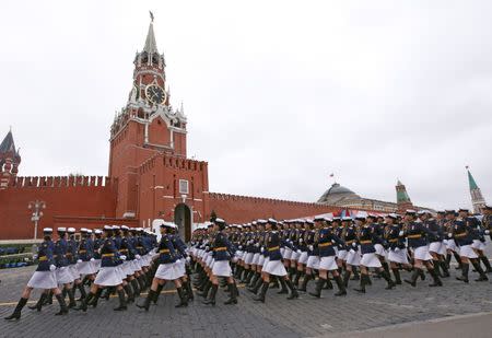 Russian servicewomen parade during the 72nd anniversary of the end of World War II on the Red Square in Moscow. REUTERS/Maxim Shemetov