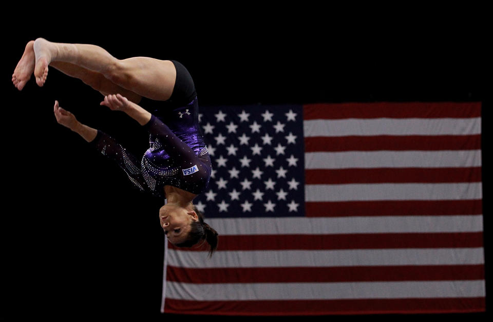 ST PAUL, MN - AUGUST 20: Alicia Sacramone stretches before the Senior Women's competition on day four of the Visa Gymnastics Championships at Xcel Energy Center on August 20, 2011 in St Paul, Minnesota. (Photo by Ronald Martinez/Getty Images)