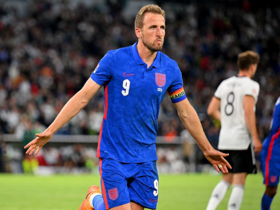 England captain Harry Kane celebrates equalising  against Germany from the penalty spot (The FA via Getty Images)