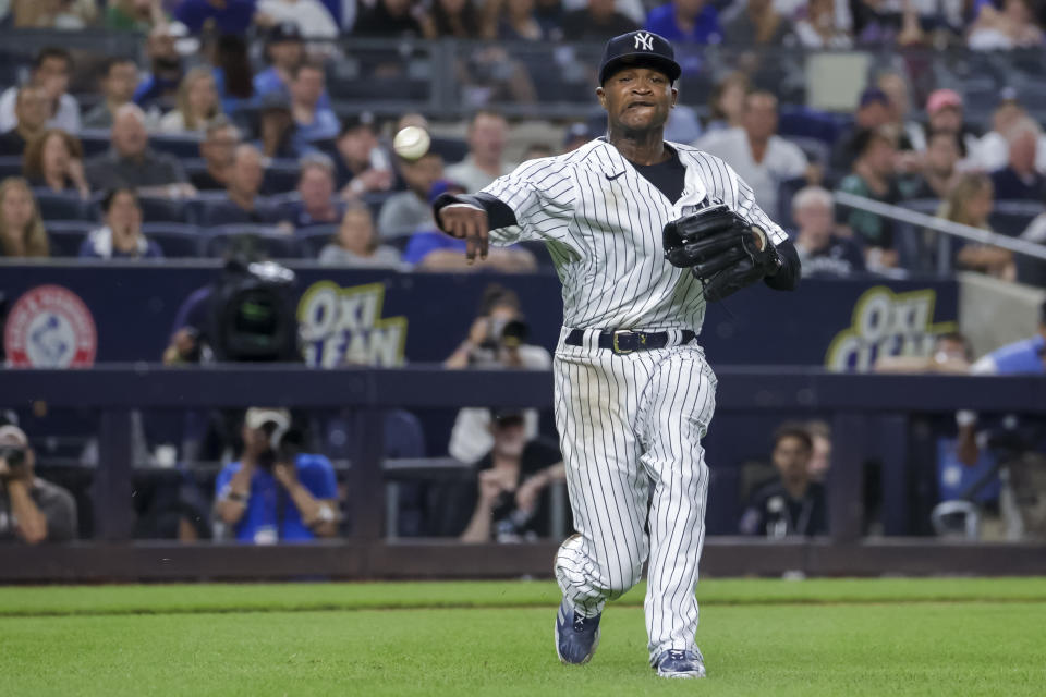 New York Yankees starting pitcher Domingo German in the sixth inning of a baseball game against the New York Mets, Monday, Aug. 22, 2022, in New York. (AP Photo/Corey Sipkin)