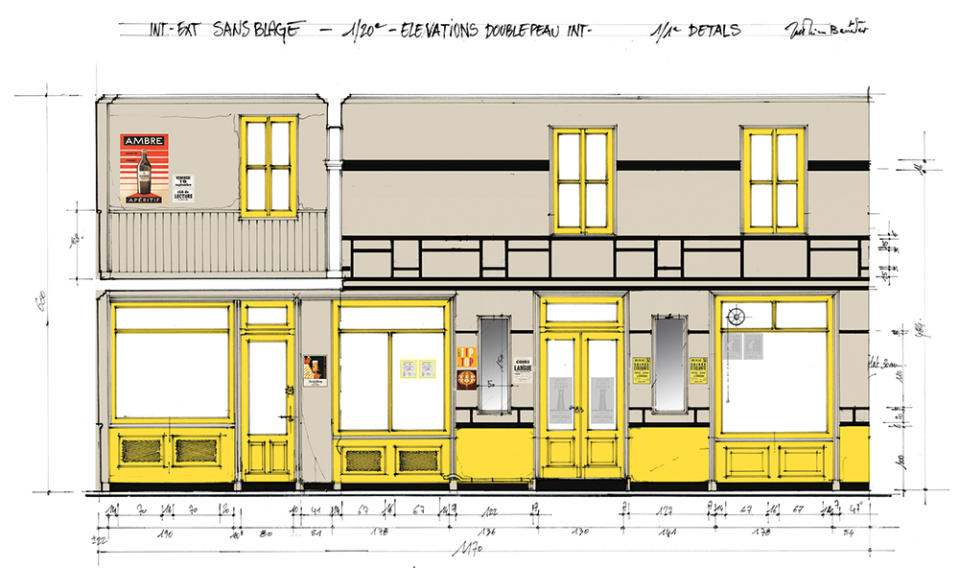A sketch of Café le Sans Blague highlights yellow accents. - Credit: Courtesy of Searchlight Pictures