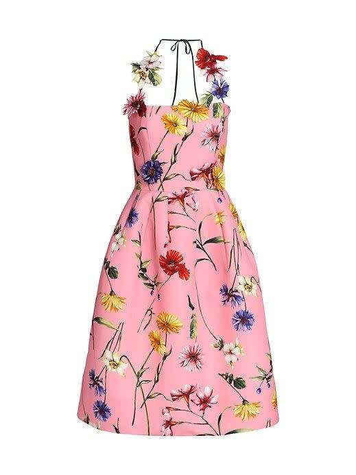 9) Floral-Appliqué Halter Cocktail Dress