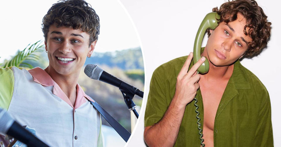 L: Matt Evans on Home and Away singing. R: Matt Evans album artwork for Over It