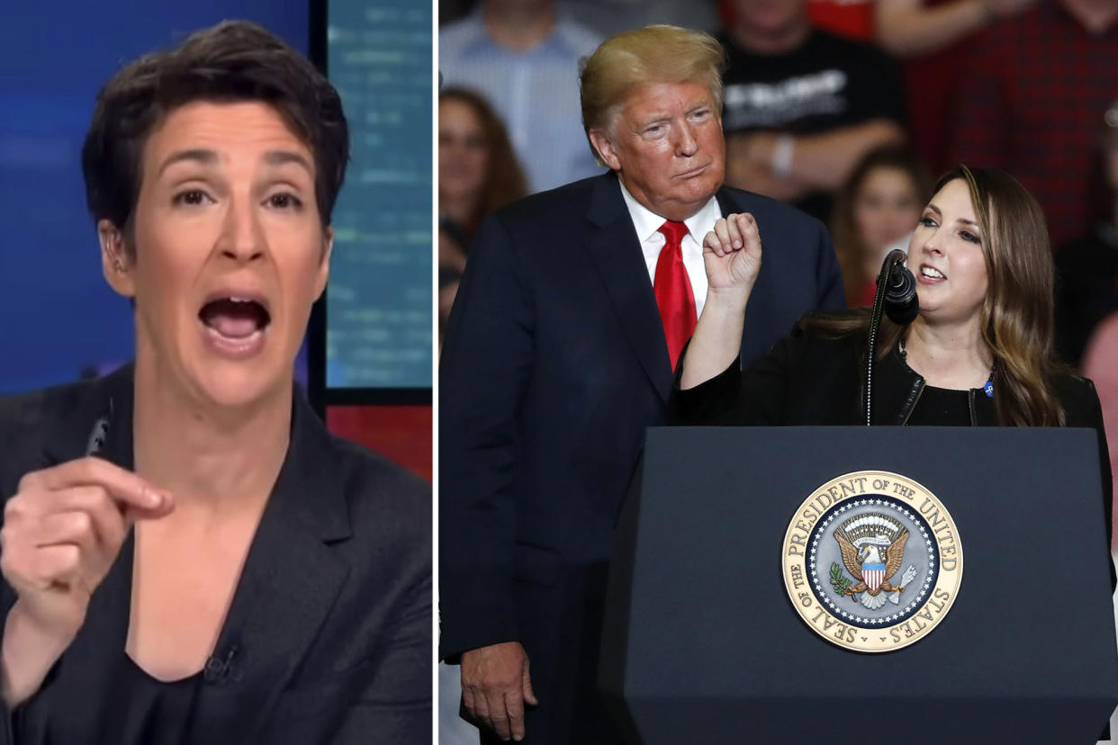 maddow split screen with trump and mcdaniel