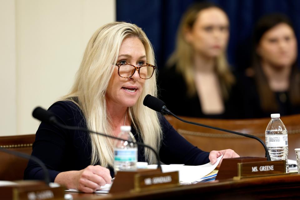 Rep. Marjorie Taylor Greene, R-Ga., speaks during a House Homeland Security Committee hearing on Jan. 30, 2024.