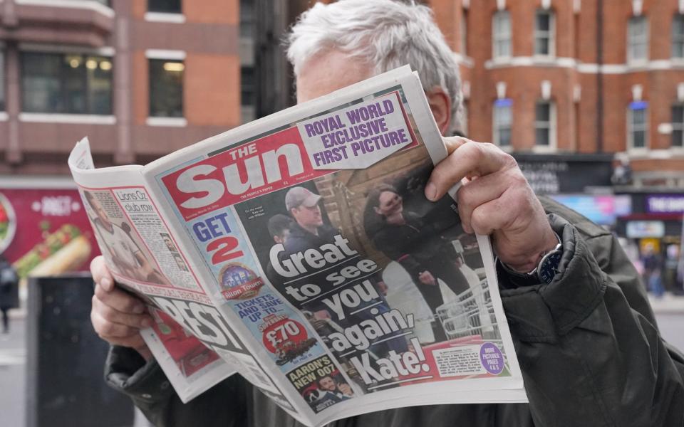 The Sun newspaper shows the Prince and Princess of Wales during a visit to a farm shop in Windsor