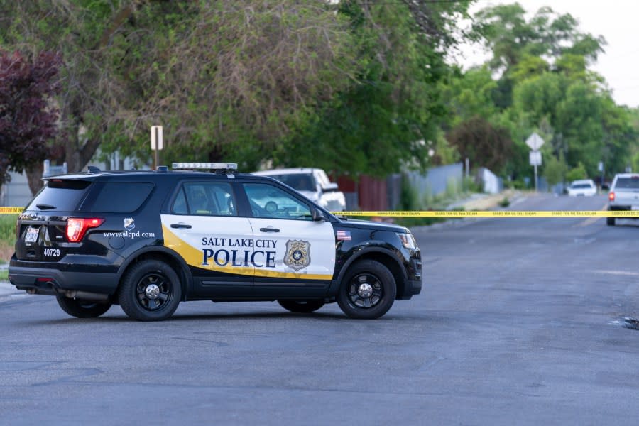 A Salt Lake City Police squad car parked near West Indiana and Navajo Street following a domestic violence-related shooting. (Courtesy of SLCPD)