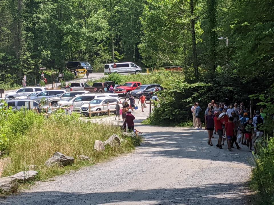 Cars fill the parking lot at Hooker Falls, the mot popular destination in DuPont State Recreational Forest.