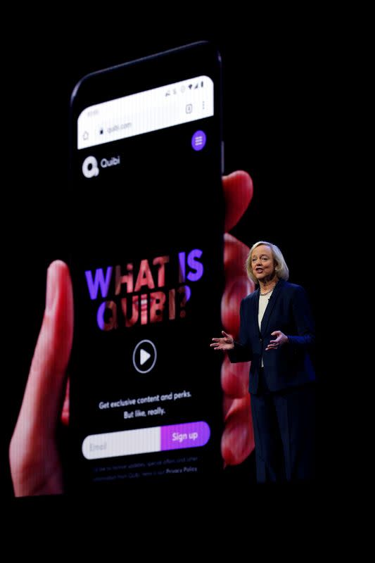 FILE PHOTO: Quibi CEO Meg Whitman speaks during a Quibi keynote address at the 2020 CES in Las Vegas