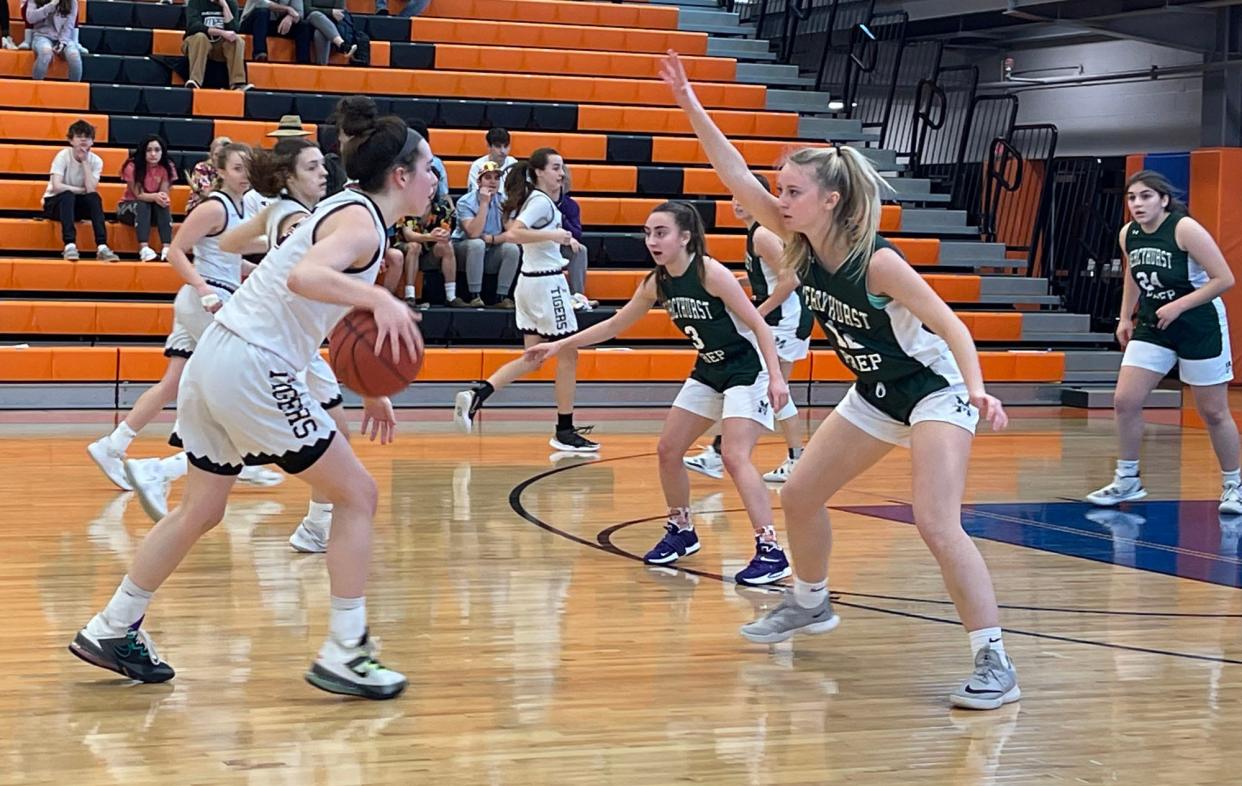 Mercyhurst Prep's Rebecka Habursky plays defense against Fairview's Hope Garrity, with ball, on Saturday, March 5, 2022, at Joan Mullen Gymnasium. Mercyhurst Prep beat Fairview 38-29 in the Distirct 10 Class 4A third-place game.