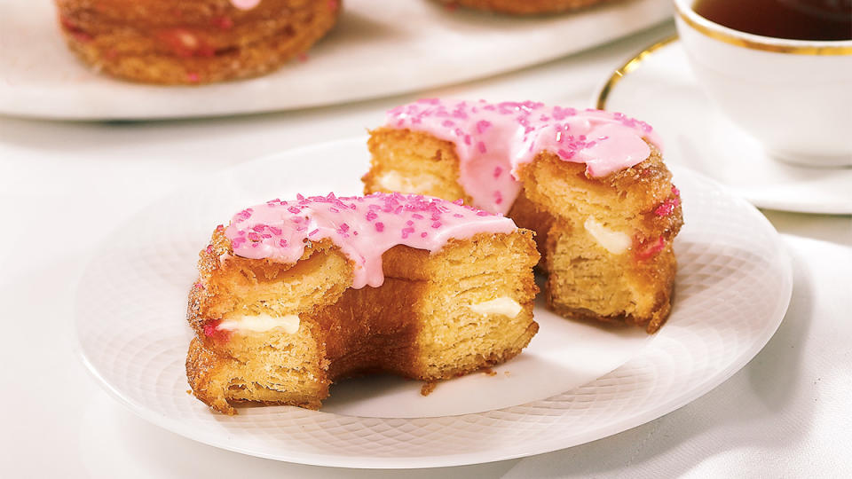 A homemade croissant doughnut with filling and icing