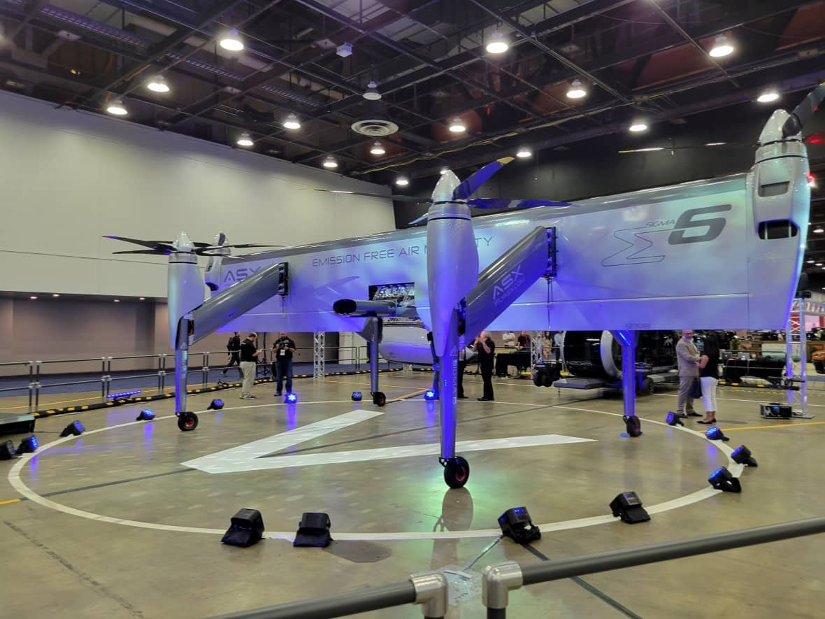 A prototype of an electric vertical takeoff and landing aircraft or eVTOLs by Airspace Experience Technologies. (Shawn Benjamin/CBC News - image credit)