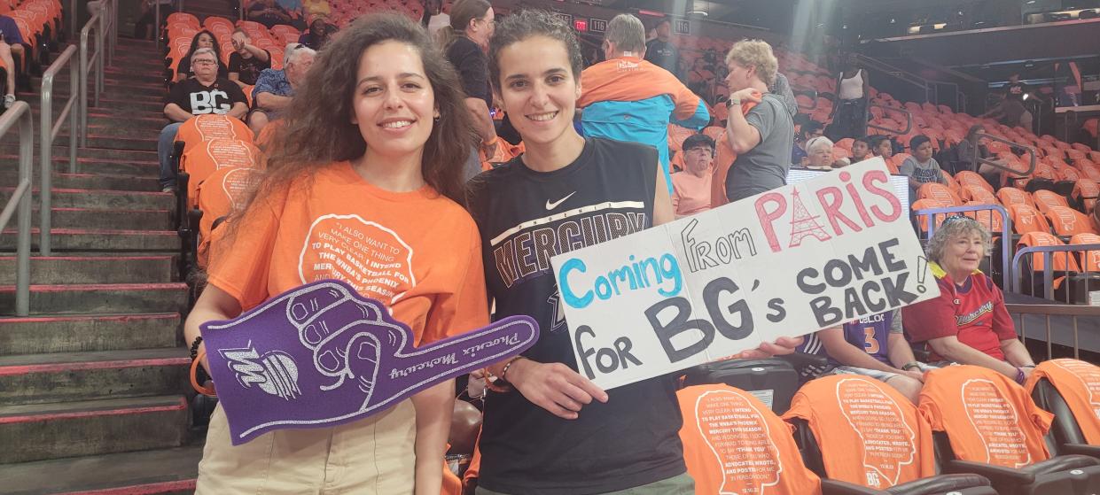 Lea Sourribes, 24, and her girlfriend Sarah Douida, 31, traveled from Paris to attend Brittney Griner’s first home game at Footprint Center in Phoenix. (Cassandra Negley/Yahoo Sports)