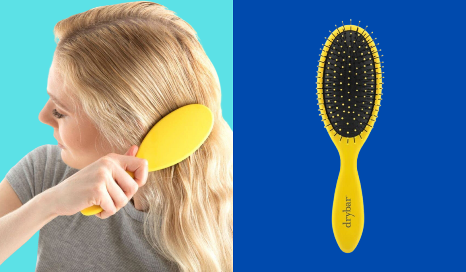 someone brushing their hair with the drybar brush / the yellow drybar detangling brush