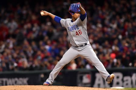 Oct 25, 2016; Cleveland, OH, USA; Chicago Cubs relief pitcher Pedro Strop throws a pitch against the Cleveland Indians in the 6th inning in game one of the 2016 World Series at Progressive Field. Mandatory Credit: Ken Blaze-USA TODAY Sports