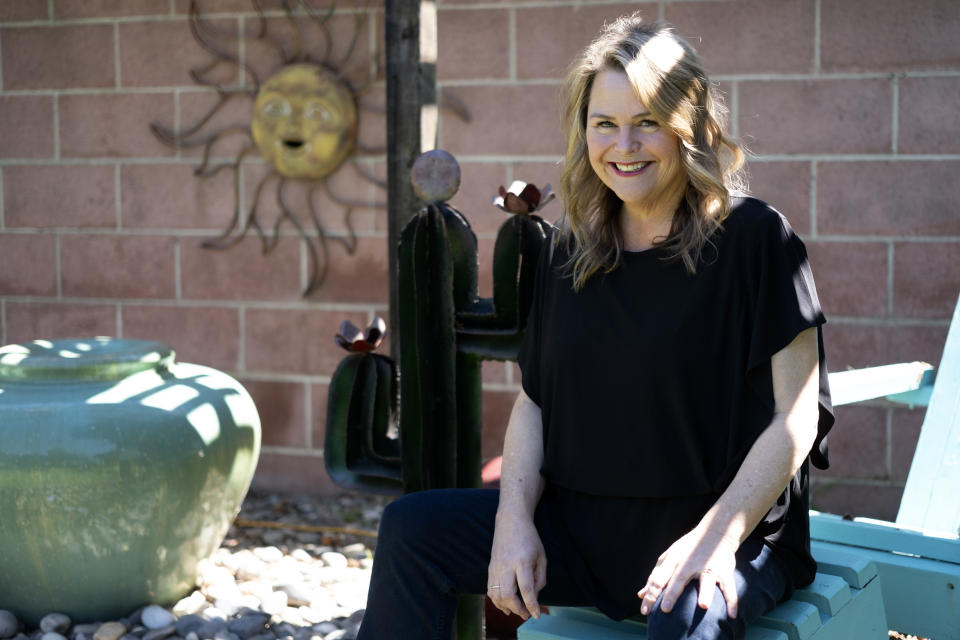 Actress and singer Lisa Donahey poses for a photo in her backyard in the Sherman Oaks section of Los Angeles on Tuesday, April 16, 2024. Donahey, 54, started Mounjaro under a doctor’s care a year ago to address her Type 2 diabetes. Her weight has since dropped to a little less than 190 pounds. Having used the medication to give her “a kick-start,” Donahey said she plans to wean herself off Mounjaro once she loses another 40 pounds. (AP Photo/Richard Vogel)