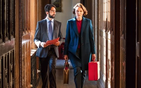 Tahir Mahmood (Shubham Saraf), Julia Montague (Keeley Hawes) in Bodyguard - Credit: BBC