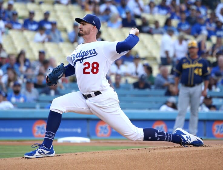 LOS ANGELES, CA - AUGUST 24: Andrew Heaney was the starting Dodgers pitcher against the Milwaukee Brewers on Wednesday, Aug. 24, 2022. (Myung J. Chun / Los Angeles Times)