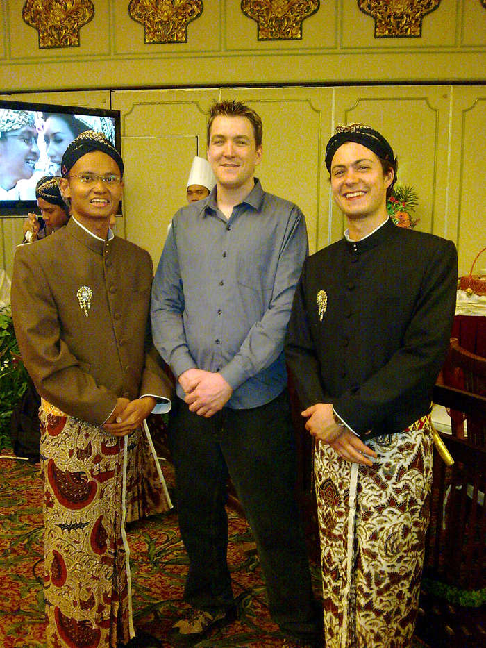 Cultural exchange: German and Irish couch surfers were invited to dress in traditional Javanese attire during a Javanese wedding reception. (