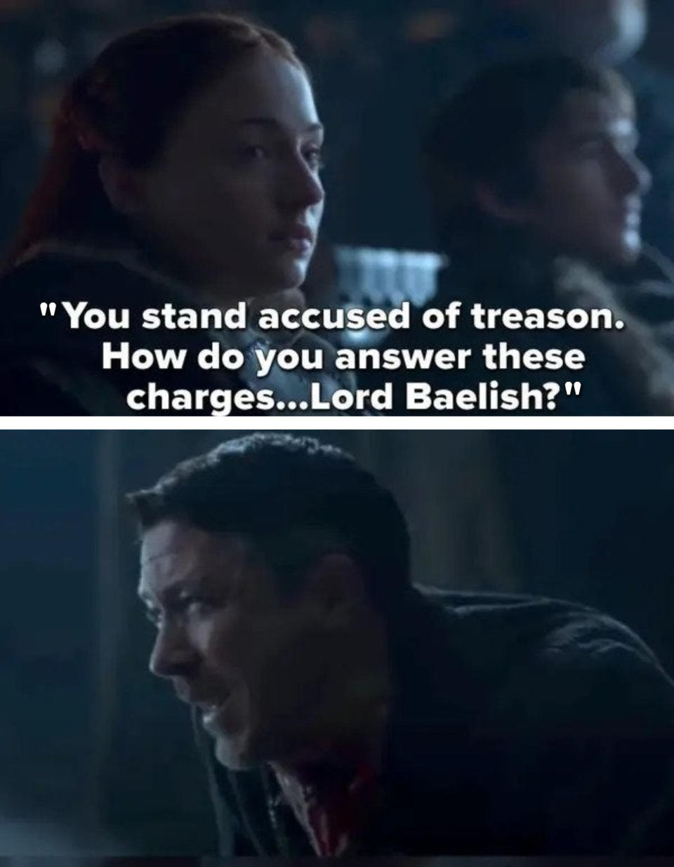 Sansa says "You stand accused of treason; how do you answer these charges...Lord Baelish?" then Arya slits his throat