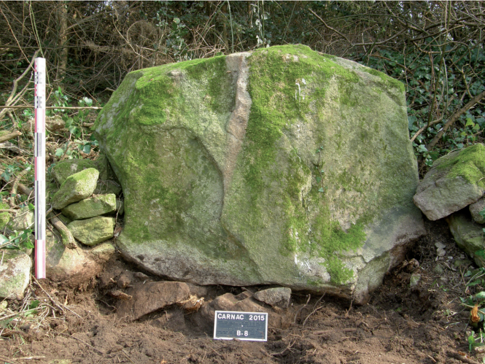 A close-up photo of one of the ancient stones at the Carnac site as it looked in 2015.