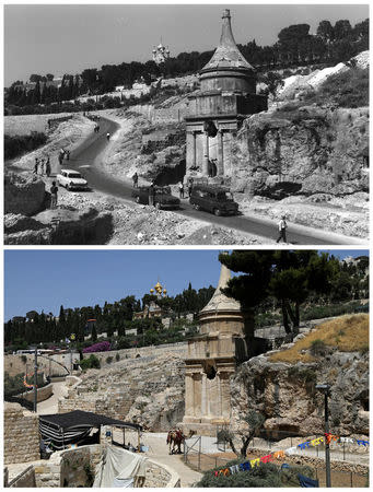 A combination picture shows Avshalom's tomb and the Garden of Gethsemane in Jerusalem, in this Government Press Office handout photo taken June 22, 1967 (top) and the same location May 17, 2017. REUTERS/Moshe Pridan/Government Press Office/Handout via Reuters (top)/Ronen Zvulun