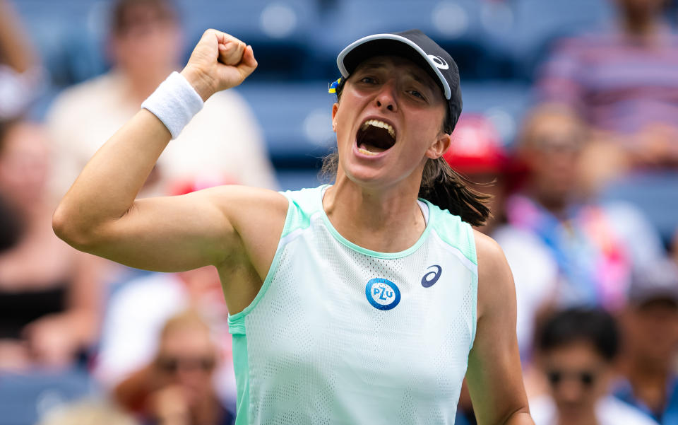 Iga Swiatek, pictured here celebrating after her win over Jule Niemeier at the US Open.