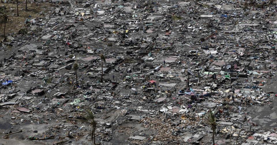 An aerial view of the ruins of houses after the devastation of super Typhoon Haiyan in Tacloban city in central Philippines