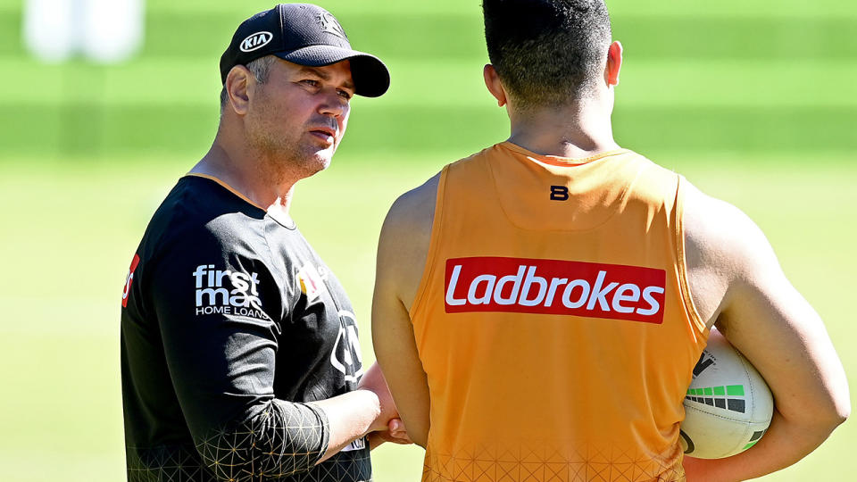 Anthony Seibold, pictured here chatting with David Fifita at a Brisbane Broncos training session.