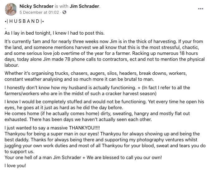 A screenshot of Nicky Schrader's Facebook post to her husband, who is a farm manager.