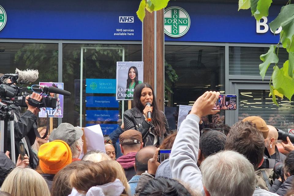 Former Labour candidate Faiza Shaheen addresses supporters at a rally (PA Wire)