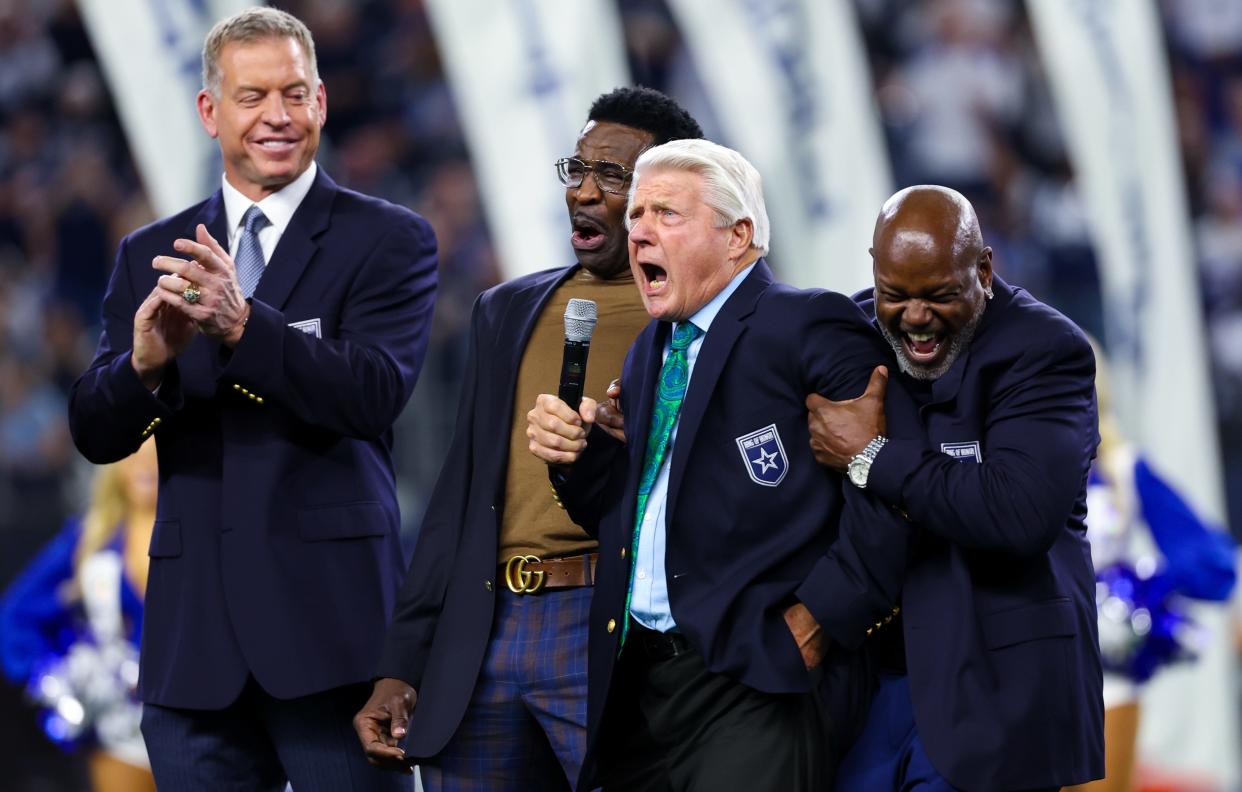 Former Dallas Cowboys head coach Jimmy Johnson speaks at his ring of honor ceremony at AT&T Stadium on Dec. 30, 2023.