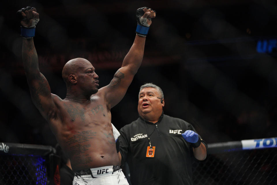 Dec 2, 2023; Austin, Texas, USA; Jared Gooden (blue gloves) reacts to defeating Wellington Turman (red gloves) during UFC Fight Night at Moody Center. Mandatory Credit: Dustin Safranek-USA TODAY Sports