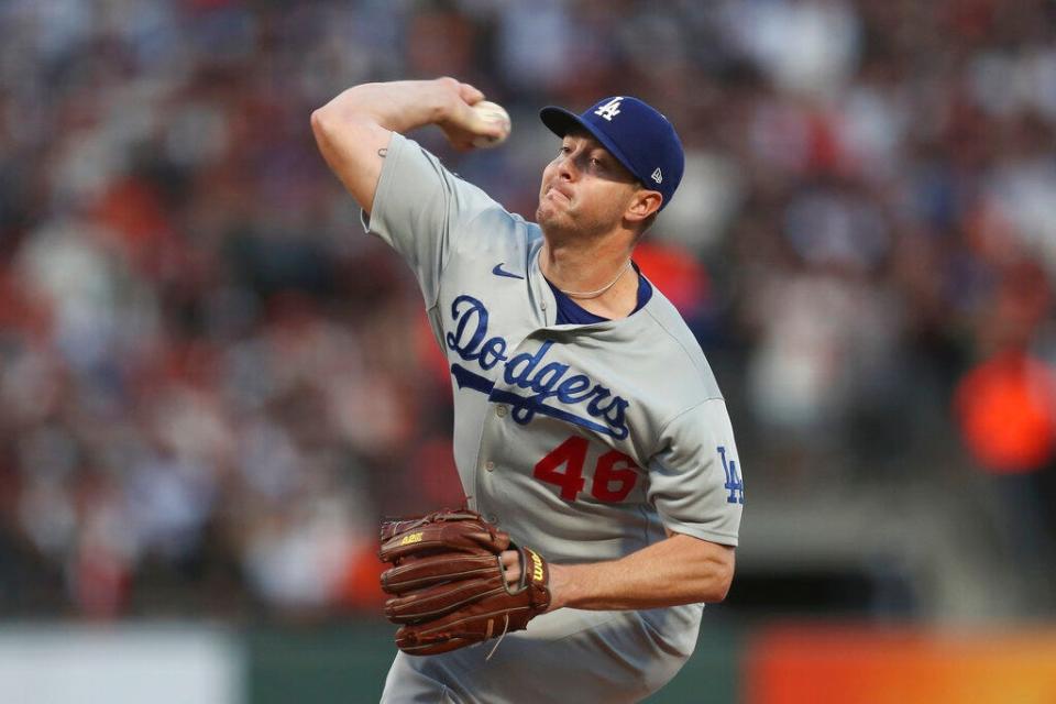 Dodgers reliever Corey Knebel makes his pitch the National League Division Series against the Giants.